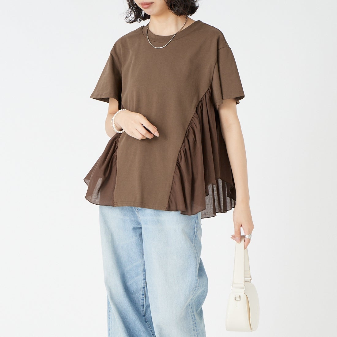 Jf Ready Made [ジェイエフレディメイド] 布帛ドッキングバックギャザーTシャツ [8866362-01] 62 ﾌﾞﾗｳﾝ &&モデル身長：162cm 着用サイズ：F&&