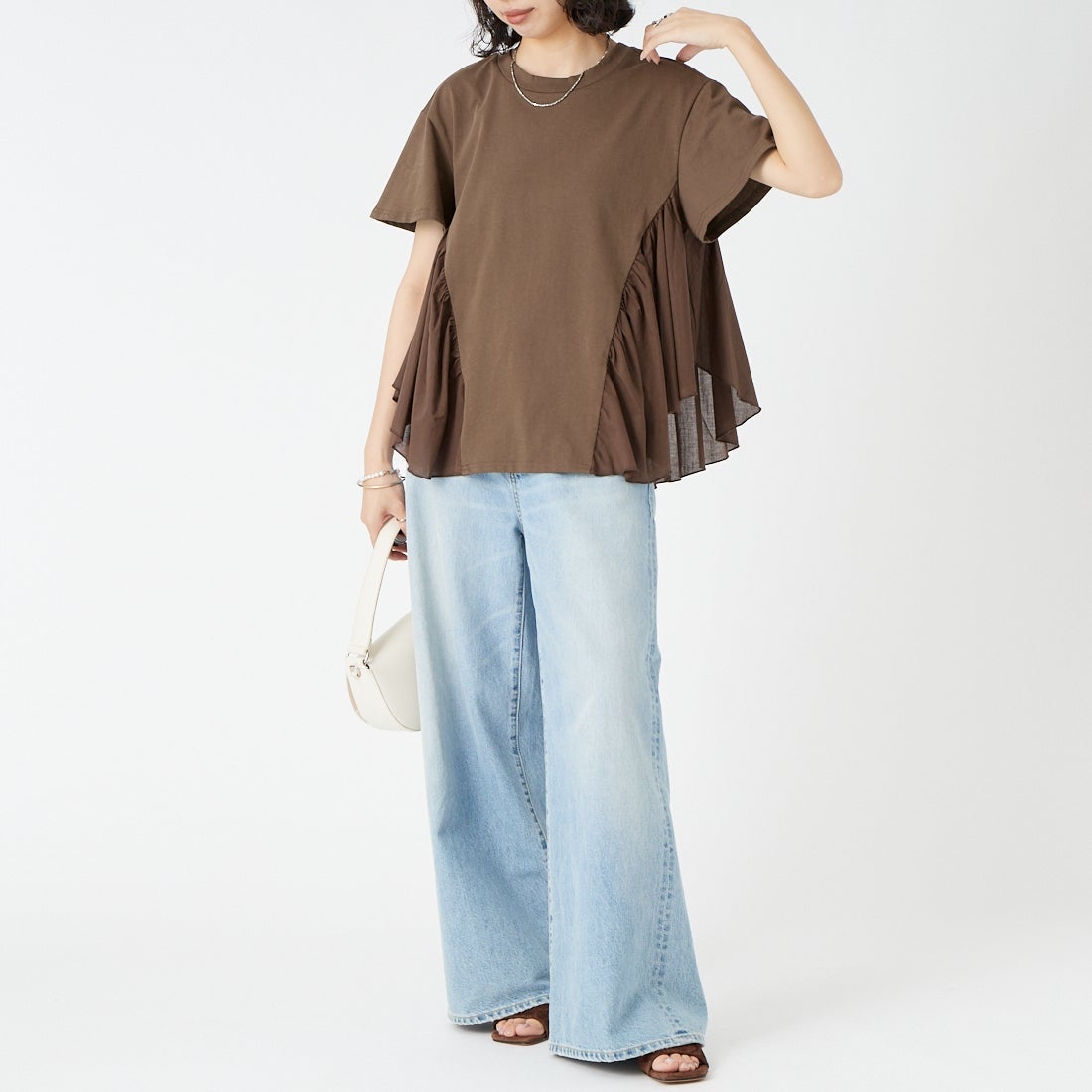 Jf Ready Made [ジェイエフレディメイド] 布帛ドッキングバックギャザーTシャツ [8866362-01] 62 ﾌﾞﾗｳﾝ &&モデル身長：162cm 着用サイズ：F&&