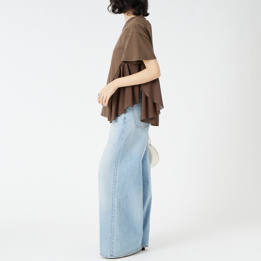 Jf Ready Made [ジェイエフレディメイド] 布帛ドッキングバックギャザーTシャツ [8866362-01] 62 ﾌﾞﾗｳﾝ &&モデル身長：162cm 着用サイズ：F&&