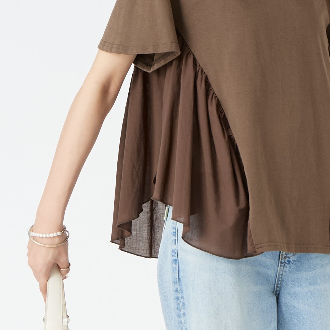 Jf Ready Made [ジェイエフレディメイド] 布帛ドッキングバックギャザーTシャツ [8866362-01] 62 ﾌﾞﾗｳﾝ &&モデル身長：162cm 着用サイズ：F&&