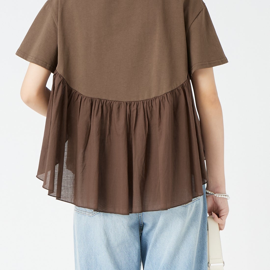 Jf Ready Made [ジェイエフレディメイド] 布帛ドッキングバックギャザーTシャツ [8866362-01] 62 ﾌﾞﾗｳﾝ &&モデル身長：162cm 着用サイズ：F&&