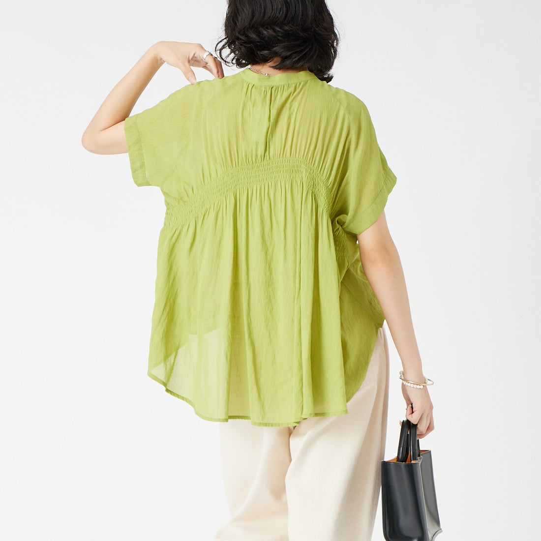 Jf Ready Made [ジェイエフレディメイド] 麻調シアースパンブラウス [4126150] ﾗｲﾑ &&モデル身長：162cm 着用サイズ：F&&