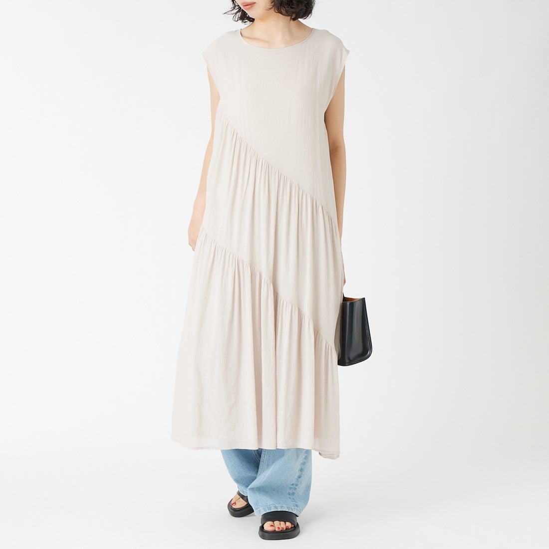Jf Ready Made [ジェイエフレディメイド] 麻調シアースパンバイヤスワンピース [4126153] ｱｲﾎﾞﾘｰ &&モデル身長：162cm 着用サイズ：F&&