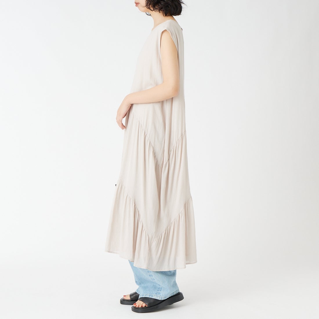 Jf Ready Made [ジェイエフレディメイド] 麻調シアースパンバイヤスワンピース [4126153] ｱｲﾎﾞﾘｰ &&モデル身長：162cm 着用サイズ：F&&