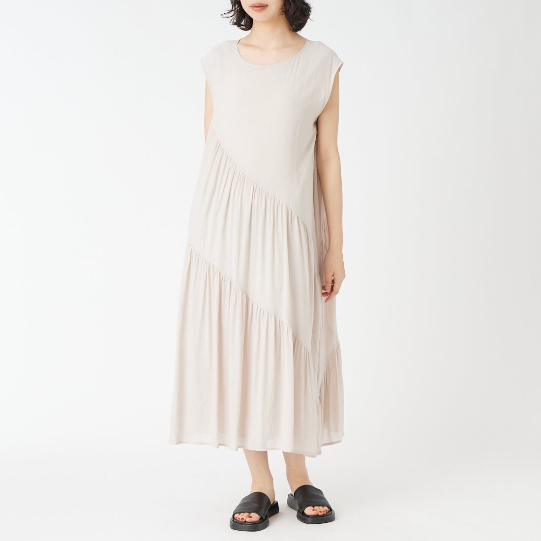 Jf Ready Made [ジェイエフレディメイド] 麻調シアースパンバイヤスワンピース [4126153] ｱｲﾎﾞﾘｰ &&モデル身長：162cm 着用サイズ：F&&