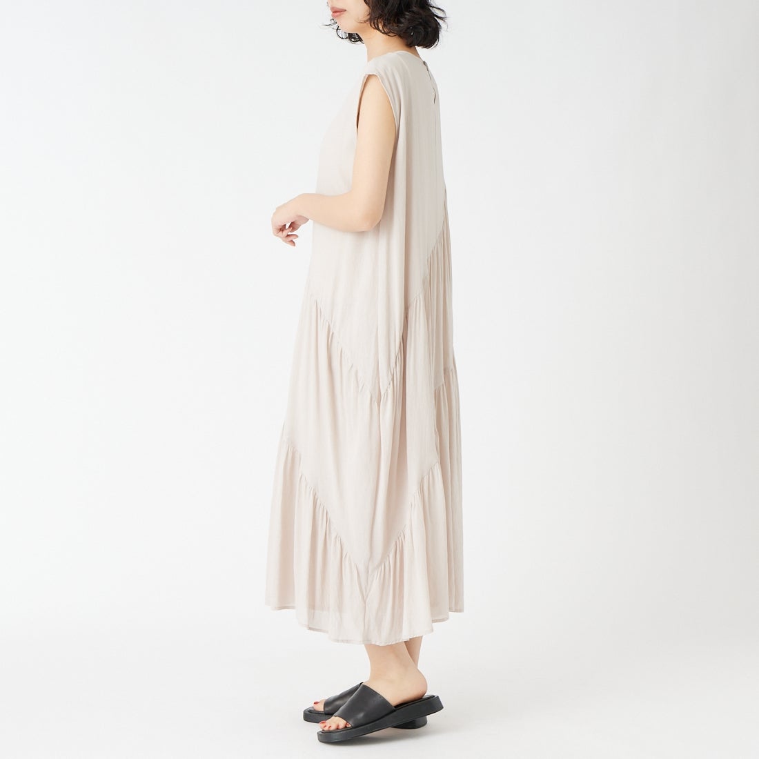 Jf Ready Made [ジェイエフレディメイド] 麻調シアースパンバイヤスワンピース [4126153] ｱｲﾎﾞﾘｰ &&モデル身長：162cm 着用サイズ：F&&