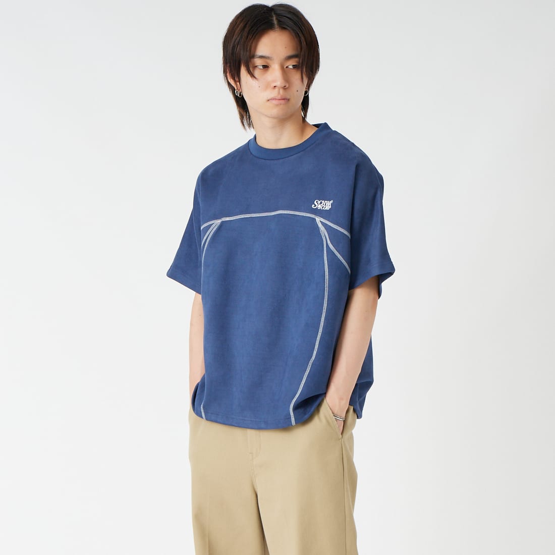 SCHWA CORP × JEANS FACTORY [シュワコープ × ジーンズファクトリー] フェイクスエードステッチTシャツ [SHA-262-044] NAVY &&モデル身長：177cm 着用サイズ：M&&