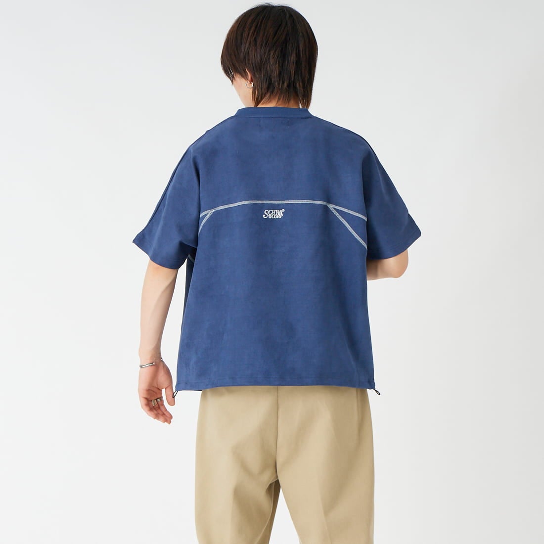 SCHWA CORP × JEANS FACTORY [シュワコープ × ジーンズファクトリー] フェイクスエードステッチTシャツ [SHA-262-044] NAVY &&モデル身長：177cm 着用サイズ：M&&