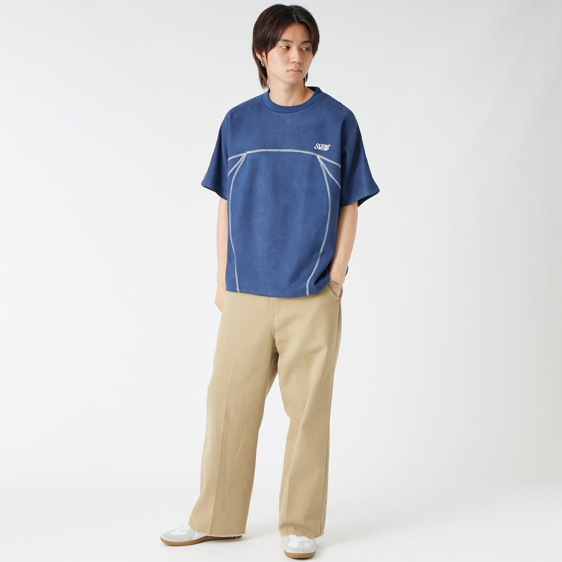 SCHWA CORP × JEANS FACTORY [シュワコープ × ジーンズファクトリー] フェイクスエードステッチTシャツ [SHA-262-044] NAVY &&モデル身長：177cm 着用サイズ：M&&