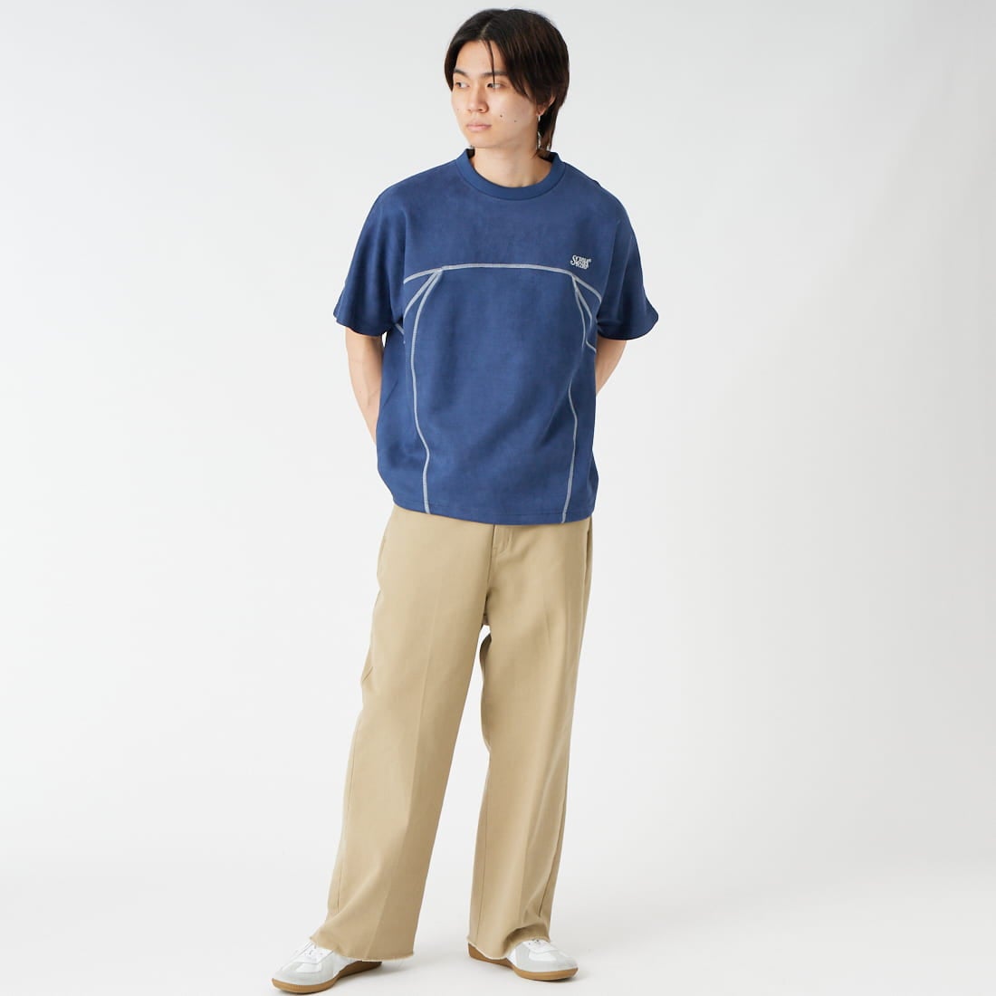 SCHWA CORP × JEANS FACTORY [シュワコープ × ジーンズファクトリー] フェイクスエードステッチTシャツ [SHA-262-044] NAVY &&モデル身長：177cm 着用サイズ：M&&