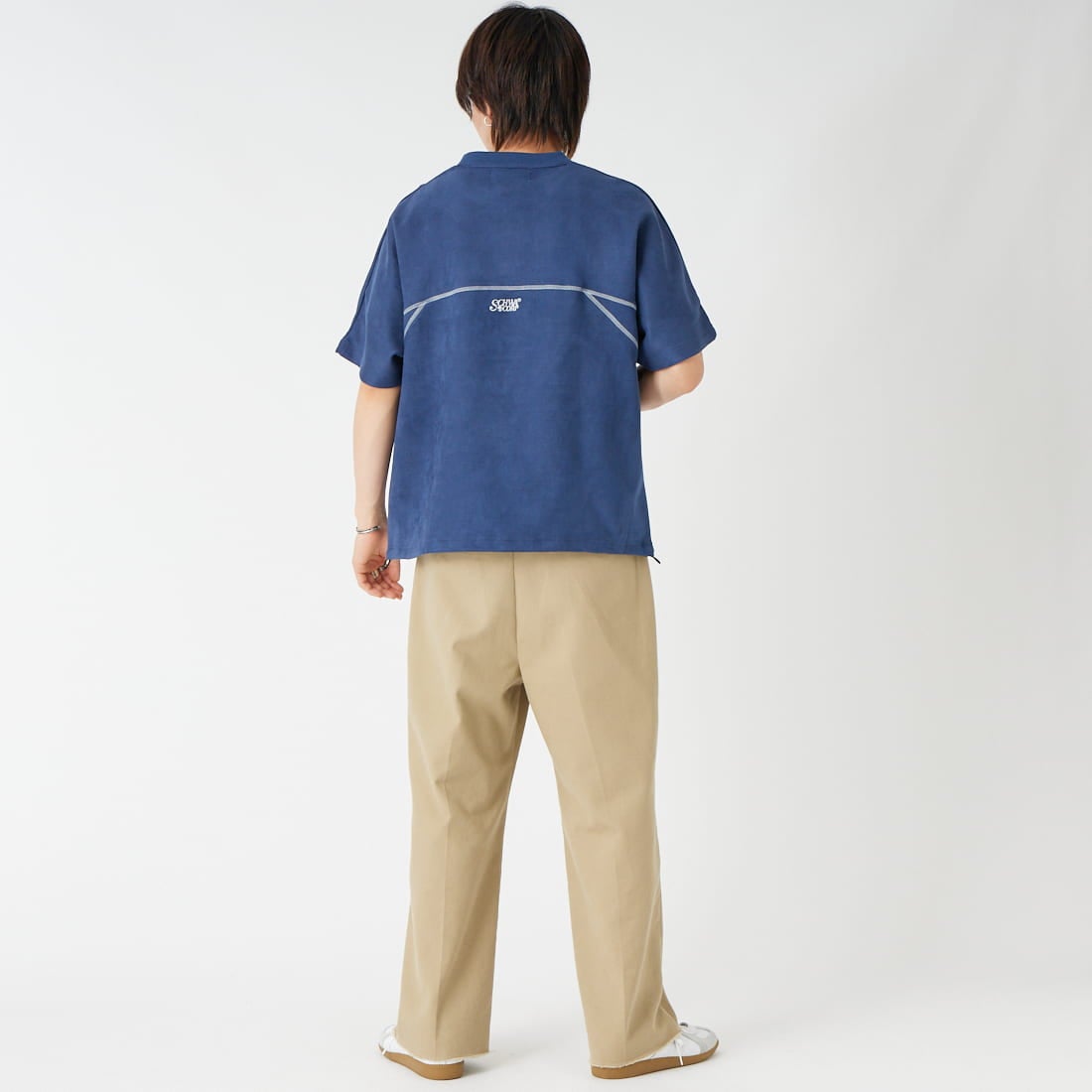 SCHWA CORP × JEANS FACTORY [シュワコープ × ジーンズファクトリー] フェイクスエードステッチTシャツ [SHA-262-044] NAVY &&モデル身長：177cm 着用サイズ：M&&