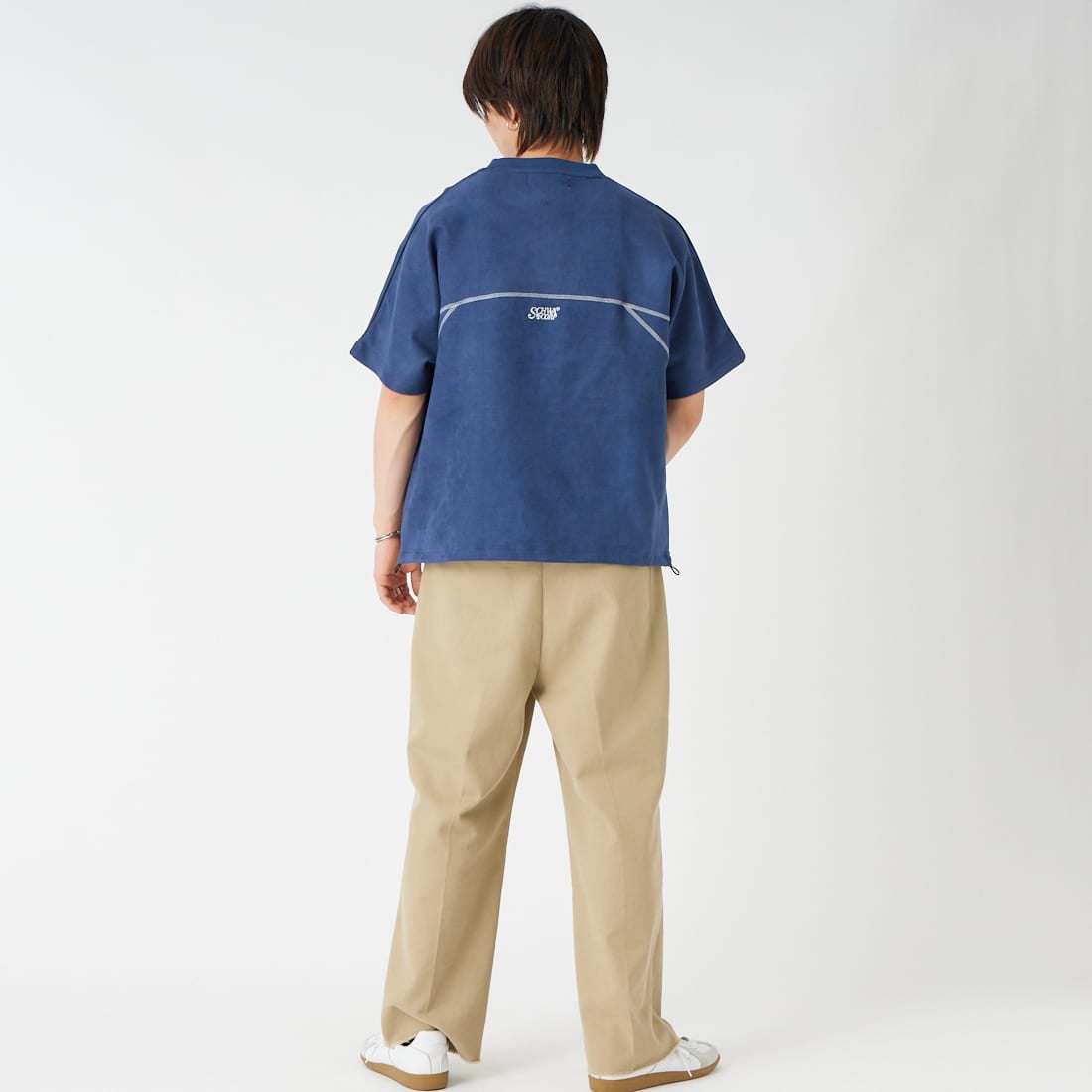 SCHWA CORP × JEANS FACTORY [シュワコープ × ジーンズファクトリー] フェイクスエードステッチTシャツ [SHA-262-044] NAVY &&モデル身長：177cm 着用サイズ：M&&
