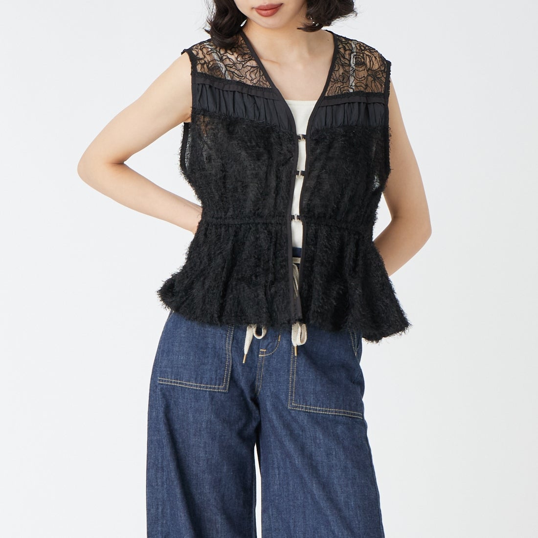 &g'aime [アンジェム] MIXバルーンベスト [293-68212] 09 ﾌﾞﾗｯｸ &&モデル身長：162cm 着用サイズ：F&&
