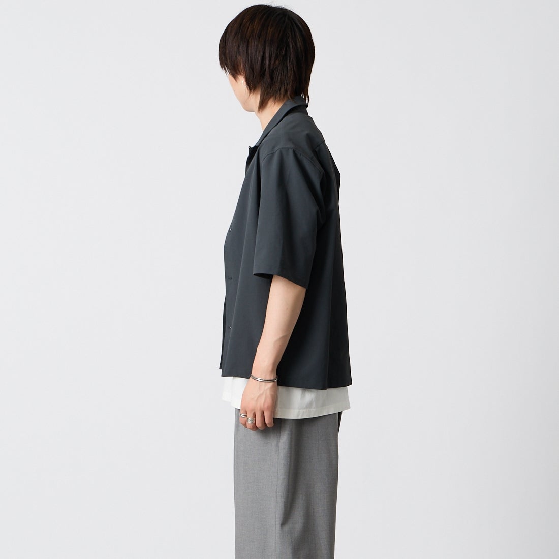 Noir Fabrik [ヌワールファブリック] DRYSCAPE オープンカラーシャツ [NF-262-024] CHARCOAL &&モデル身長：177cm 着用サイズ：M&&ワールファブリック] DRYSCAPE オープンカラーシャツ [NF-262-024] CHARCOAL