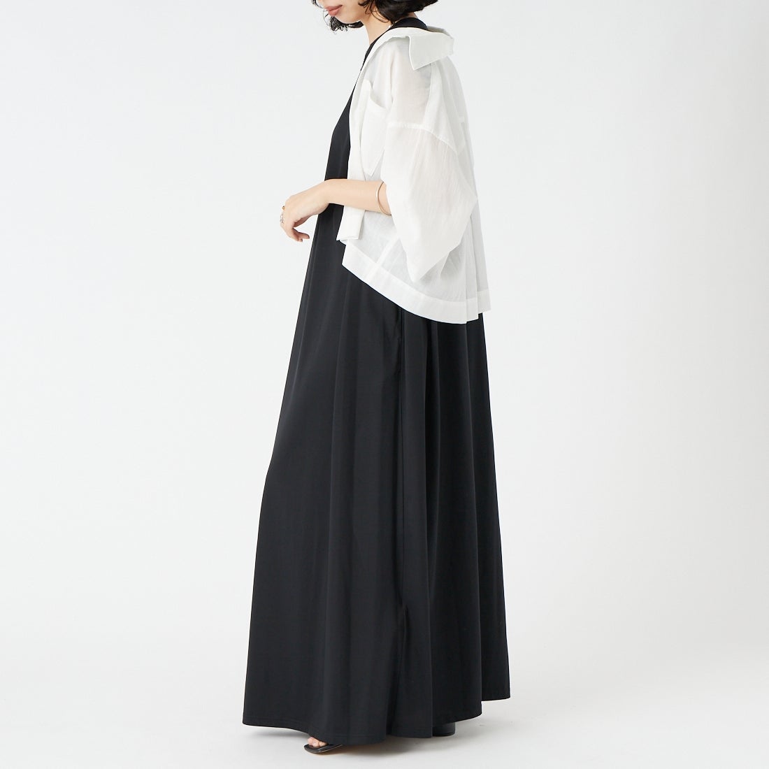 Jeans Factory Clothes [ジーンズファクトリークローズ] 接触冷感ノースリーブタックワンピース [21268058] 004 ﾌﾞﾗｯｸ &&モデル身長：162cm 着用サイズ：38&&