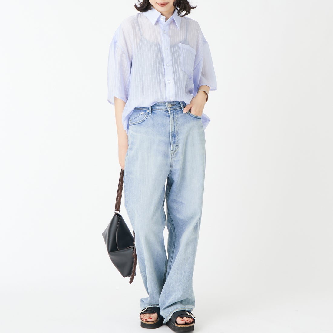 USINE [ユジーヌ] ショートスリーブシアーオーバーシャツ [IN10-SH-6] ｻｯｸｽST &&モデル身長：162cm 着用サイズ：F&&