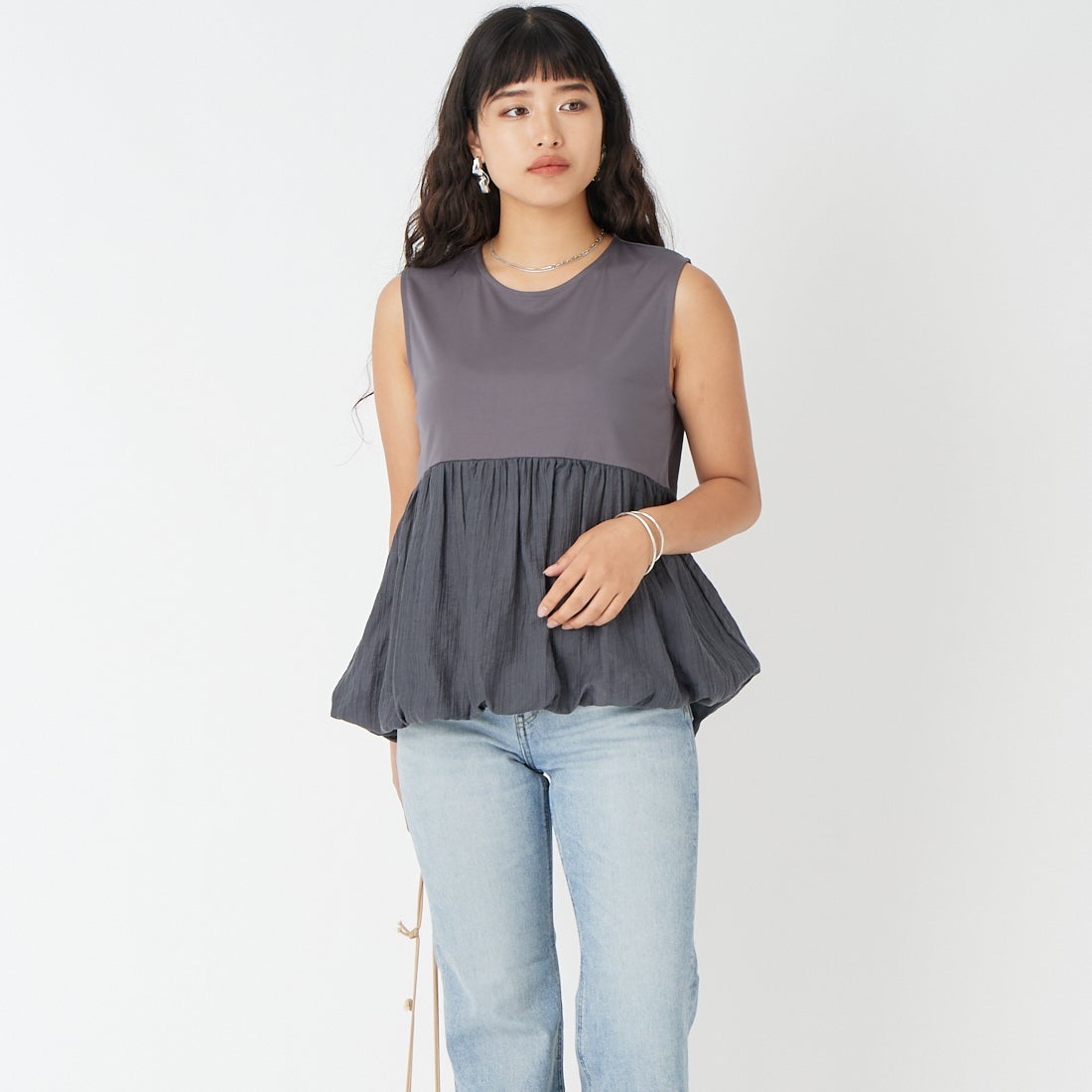 Jf Ready Made [ジェイエフレディメイド] スムースポンチバルーンTシャツ [8566347-01] 13 ﾁｬｺｰﾙ &&モデル身長：162cm 着用サイズ：F&&