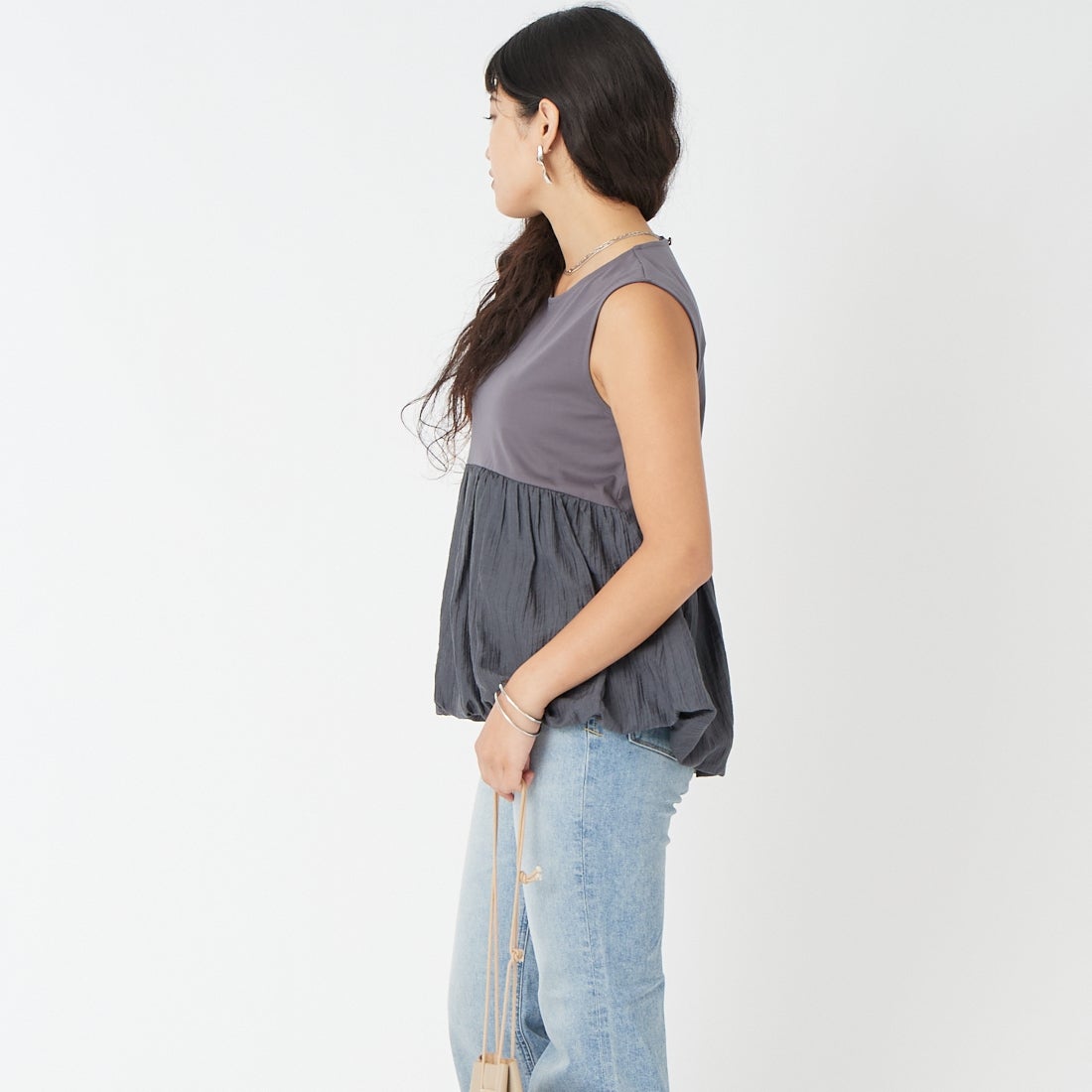 Jf Ready Made [ジェイエフレディメイド] スムースポンチバルーンTシャツ [8566347-01] 13 ﾁｬｺｰﾙ &&モデル身長：162cm 着用サイズ：F&&