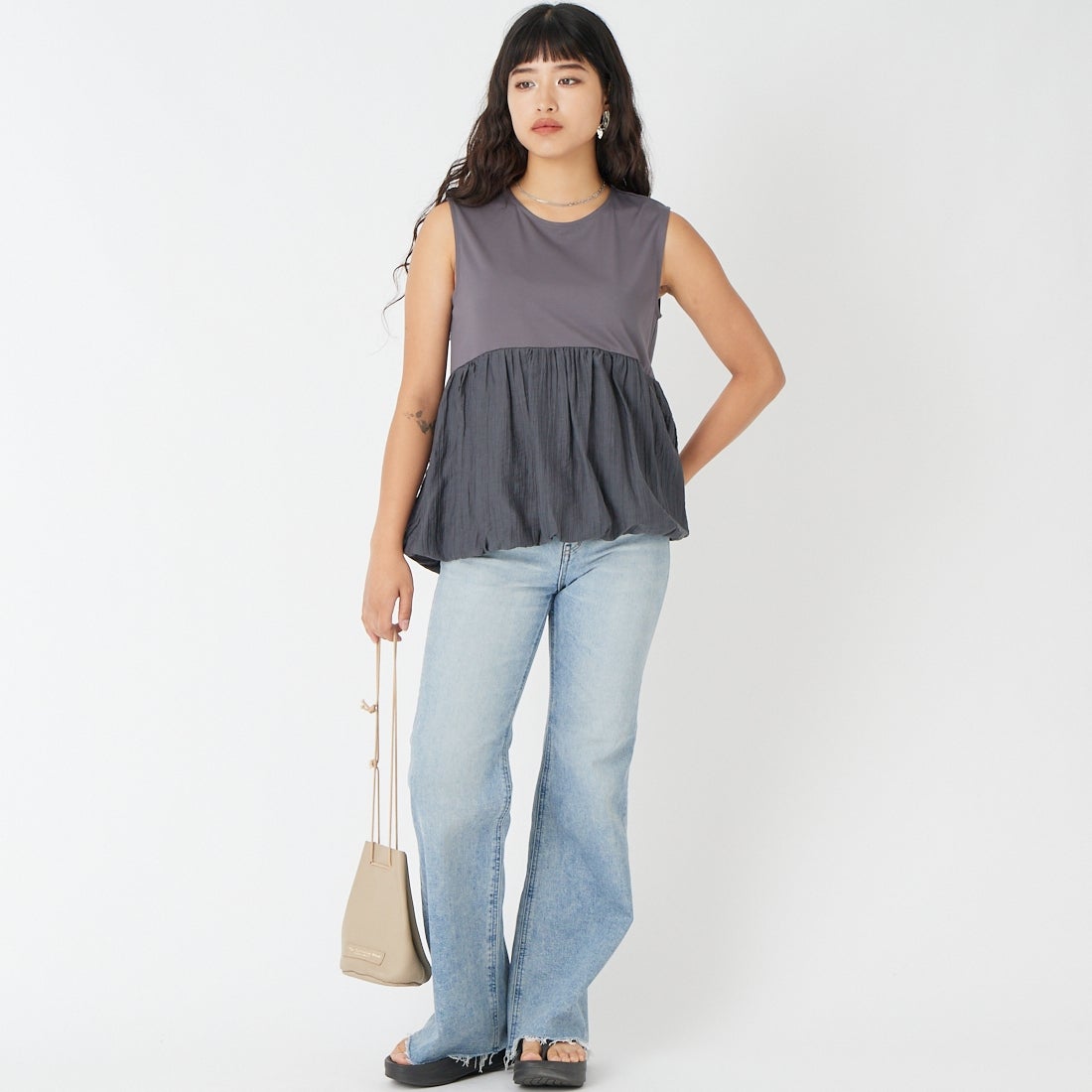 Jf Ready Made [ジェイエフレディメイド] スムースポンチバルーンTシャツ [8566347-01] 13 ﾁｬｺｰﾙ &&モデル身長：162cm 着用サイズ：F&&