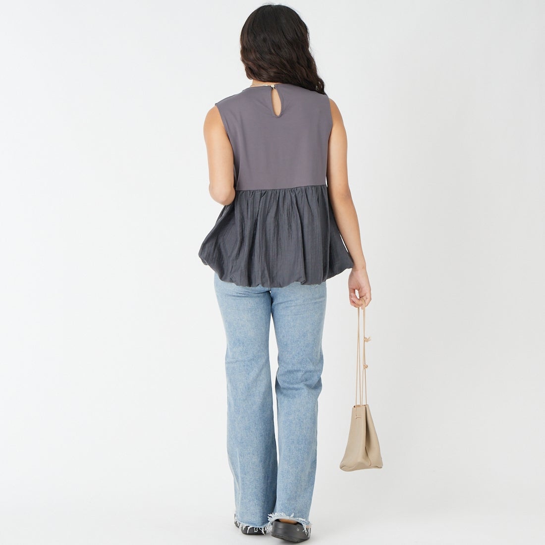 Jf Ready Made [ジェイエフレディメイド] スムースポンチバルーンTシャツ [8566347-01] 13 ﾁｬｺｰﾙ &&モデル身長：162cm 着用サイズ：F&&