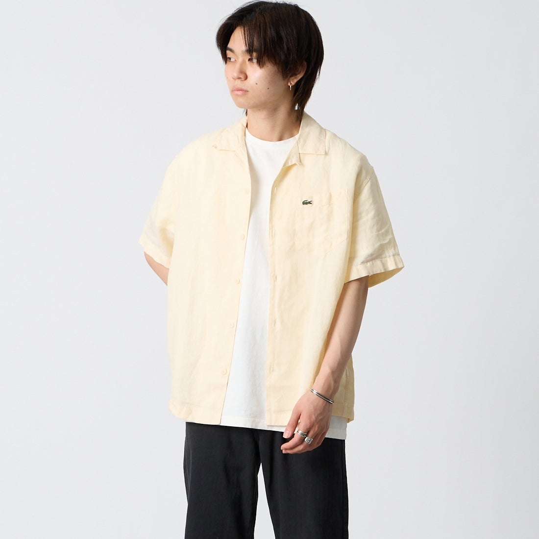 LACOSTE [ラコステ] リネンオープンカラーシャツ [CH2339] 056 NATURE &&モデル身長：177cm 着用サイズ：40&&