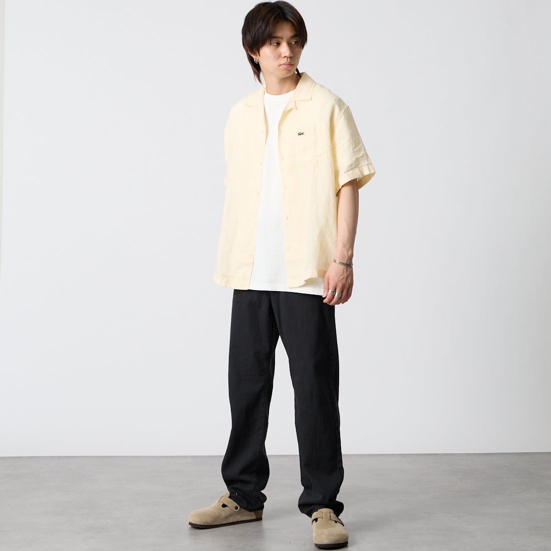 LACOSTE [ラコステ] リネンオープンカラーシャツ [CH2339] 056 NATURE &&モデル身長：177cm 着用サイズ：40&&