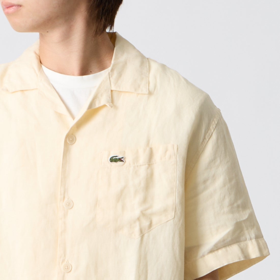 LACOSTE [ラコステ] リネンオープンカラーシャツ [CH2339] 056 NATURE &&モデル身長：177cm 着用サイズ：40&&