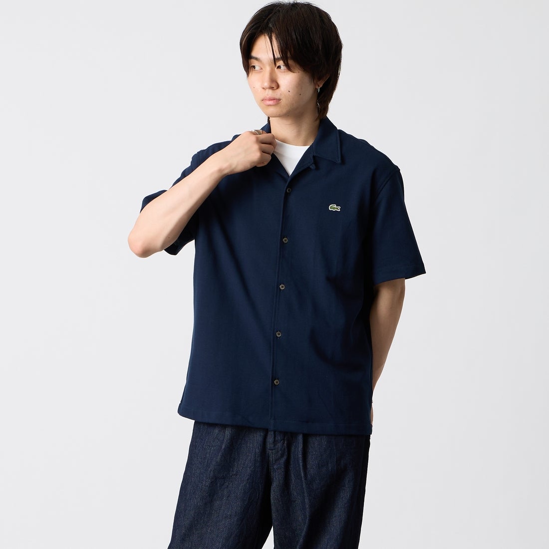 LACOSTE [ラコステ] 鹿の子地オープンカラーシャツ [CH2347] 166 NAVY B &&モデル身長：177cm 着用サイズ：39&&