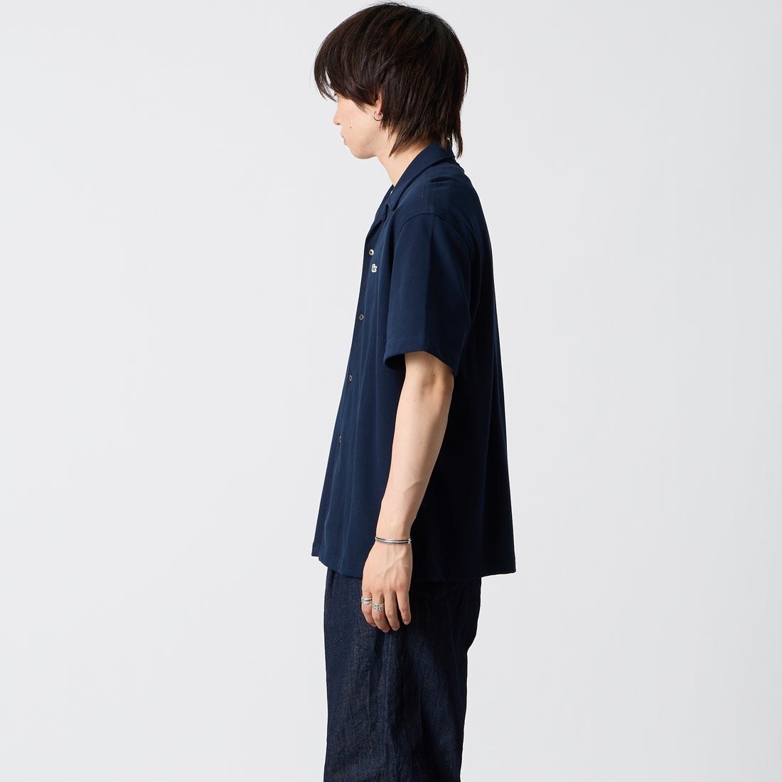 LACOSTE [ラコステ] 鹿の子地オープンカラーシャツ [CH2347] 166 NAVY B &&モデル身長：177cm 着用サイズ：39&&