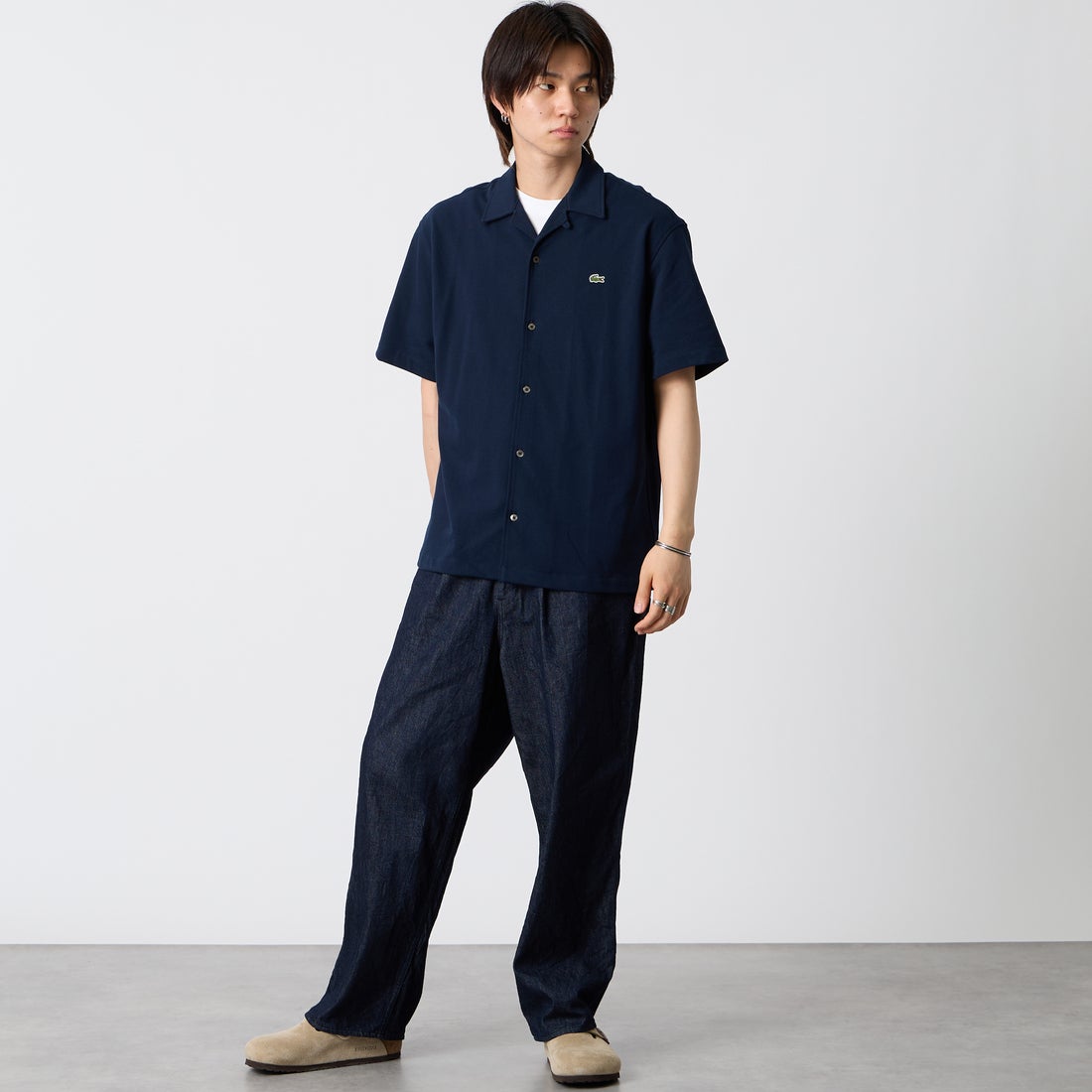 LACOSTE [ラコステ] 鹿の子地オープンカラーシャツ [CH2347] 166 NAVY B &&モデル身長：177cm 着用サイズ：39&&