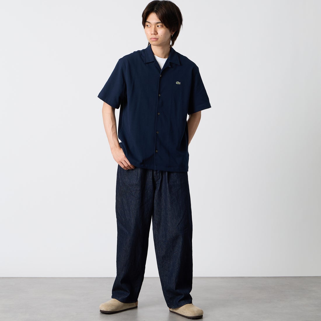 LACOSTE [ラコステ] 鹿の子地オープンカラーシャツ [CH2347] 166 NAVY B &&モデル身長：177cm 着用サイズ：39&&