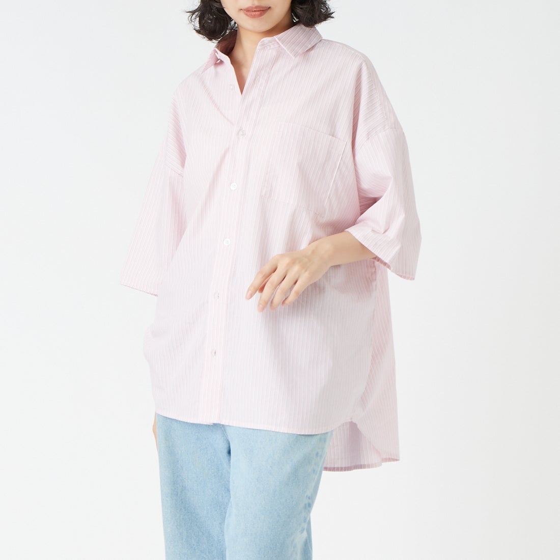 Jeans Factory Clothes [ジーンズファクトリークローズ] ショートスリーブ メンズライクビッグシャツ [IN8-SH-6] PINK ST &&モデル身長：162cm 着用サイズ：F&&