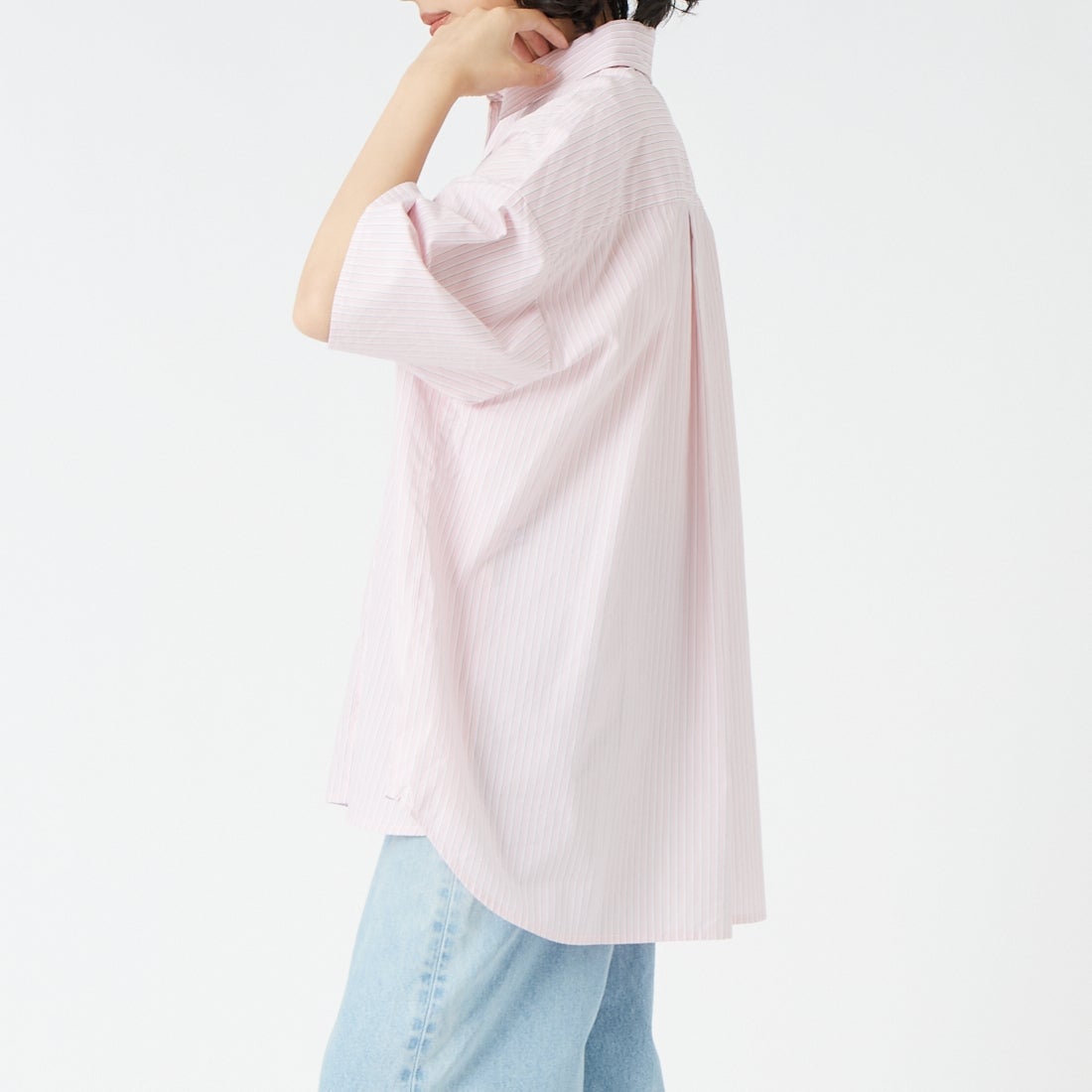 Jeans Factory Clothes [ジーンズファクトリークローズ] ショートスリーブ メンズライクビッグシャツ [IN8-SH-6] PINK ST &&モデル身長：162cm 着用サイズ：F&&