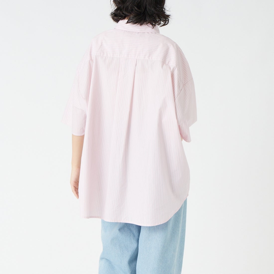Jeans Factory Clothes [ジーンズファクトリークローズ] ショートスリーブ メンズライクビッグシャツ [IN8-SH-6] PINK ST &&モデル身長：162cm 着用サイズ：F&&