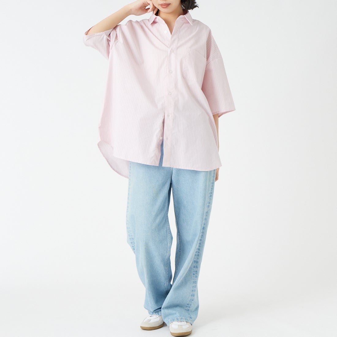 Jeans Factory Clothes [ジーンズファクトリークローズ] ショートスリーブ メンズライクビッグシャツ [IN8-SH-6] PINK ST &&モデル身長：162cm 着用サイズ：F&&