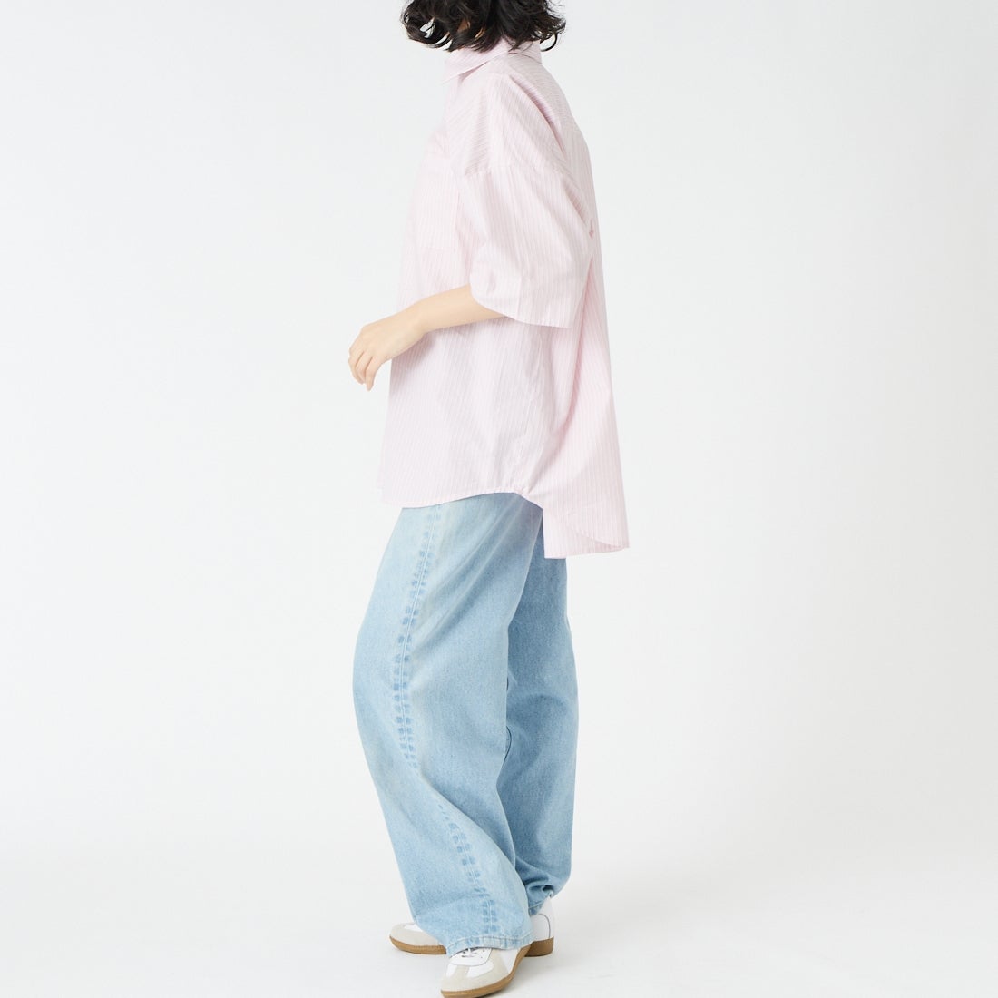 Jeans Factory Clothes [ジーンズファクトリークローズ] ショートスリーブ メンズライクビッグシャツ [IN8-SH-6] PINK ST &&モデル身長：162cm 着用サイズ：F&&