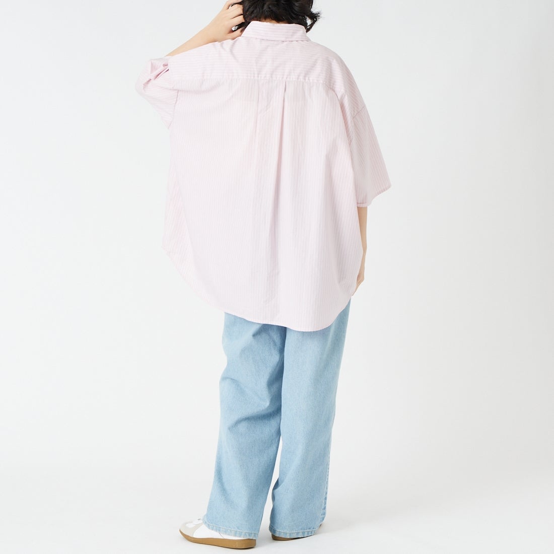 Jeans Factory Clothes [ジーンズファクトリークローズ] ショートスリーブ メンズライクビッグシャツ [IN8-SH-6] PINK ST &&モデル身長：162cm 着用サイズ：F&&