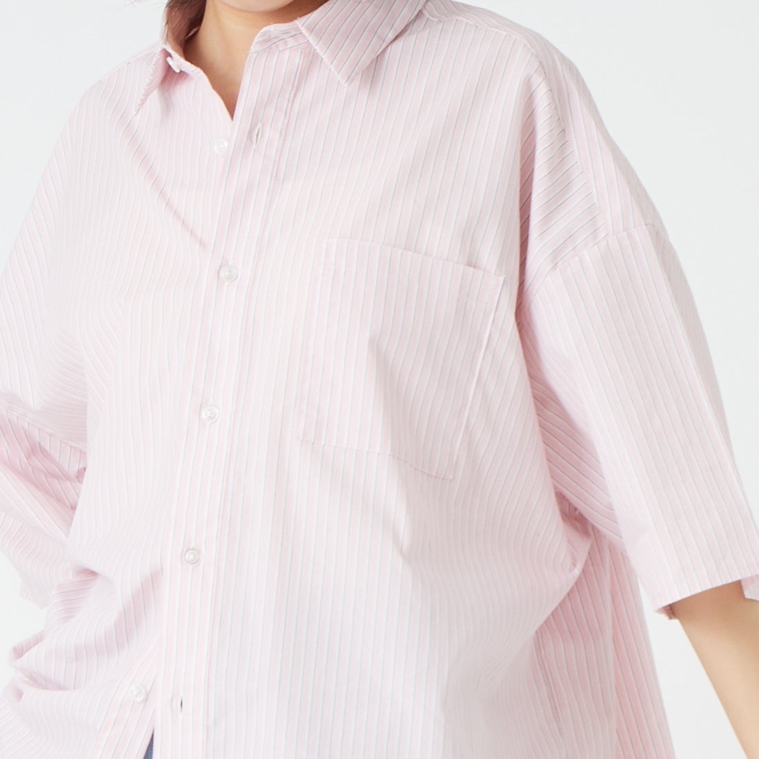 Jeans Factory Clothes [ジーンズファクトリークローズ] ショートスリーブ メンズライクビッグシャツ [IN8-SH-6] PINK ST &&モデル身長：162cm 着用サイズ：F&&