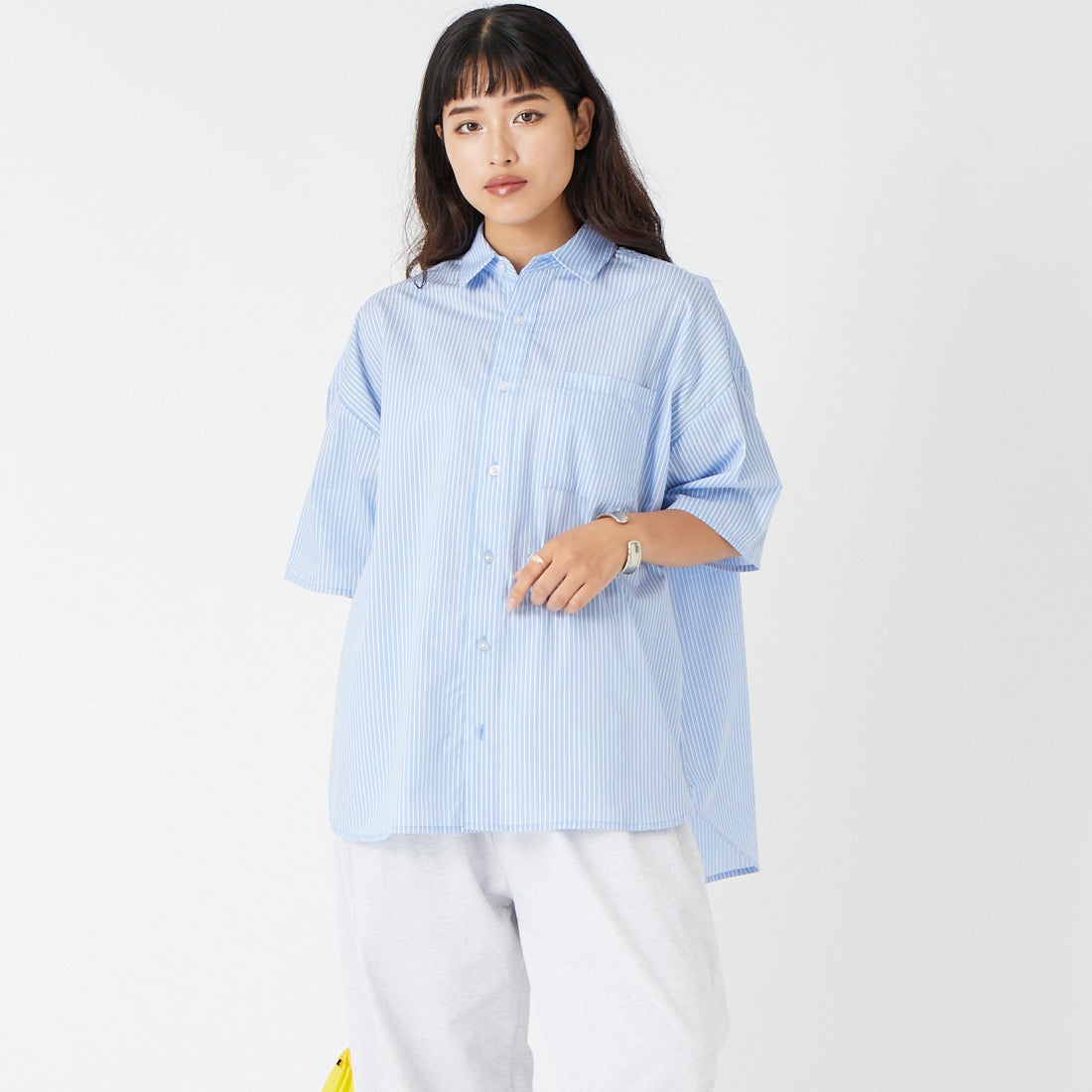 Jeans Factory Clothes [ジーンズファクトリークローズ] ショートスリーブ メンズライクビッグシャツ [IN8-SH-6] BLU ST &&モデル身長：162cm 着用サイズ：F&&