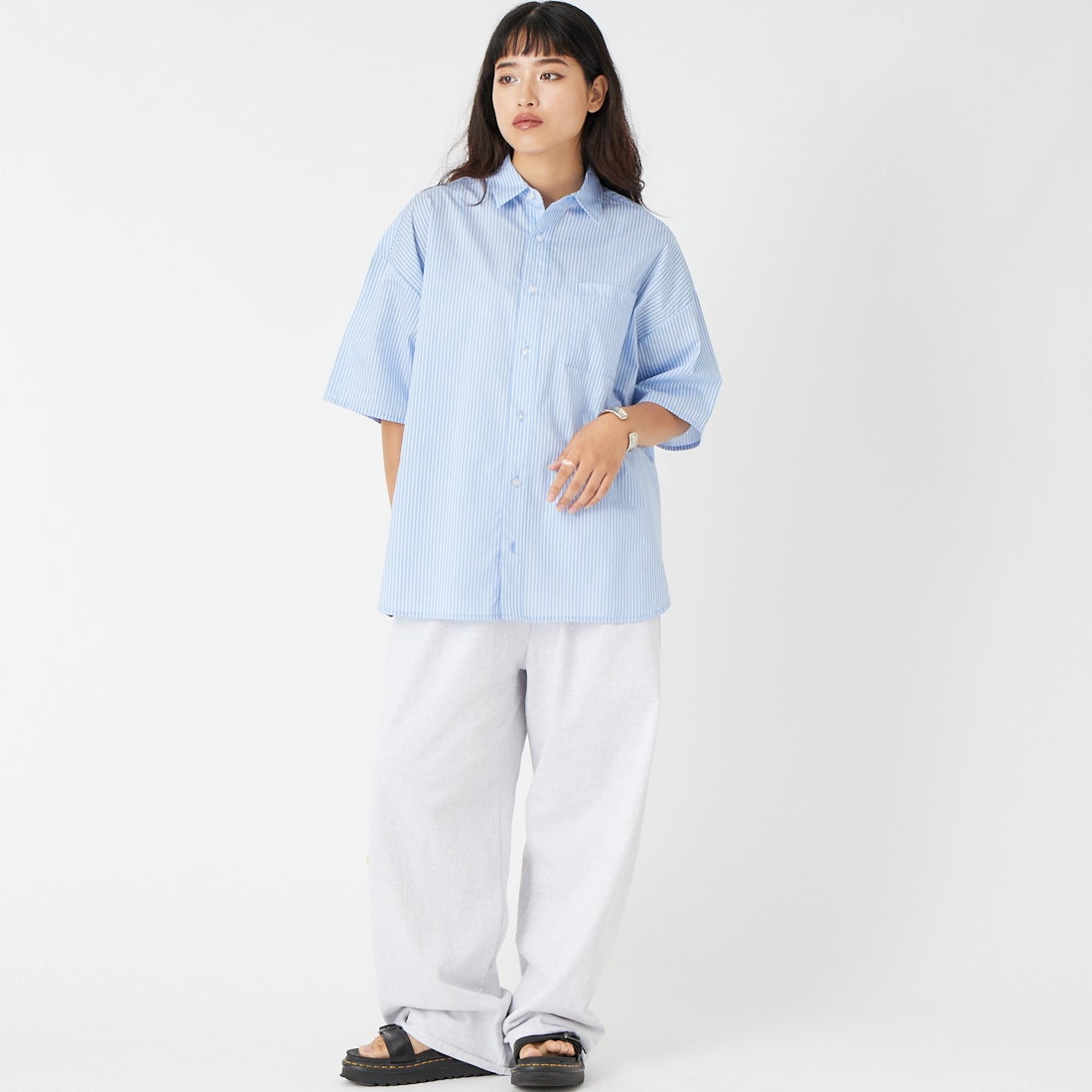 Jeans Factory Clothes [ジーンズファクトリークローズ] ショートスリーブ メンズライクビッグシャツ [IN8-SH-6] BLU ST &&モデル身長：162cm 着用サイズ：F&&