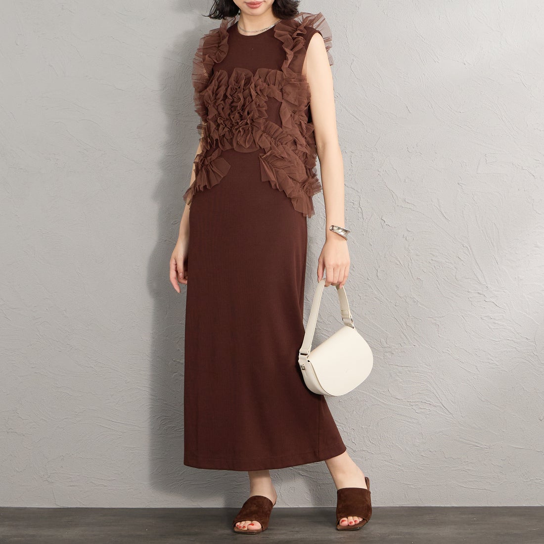 nenom [ネノム] マルチWAYチュールドッキングワンピース [NE26322013] 28 BROWN &&モデル身長：162cm 着用サイズ：F&&