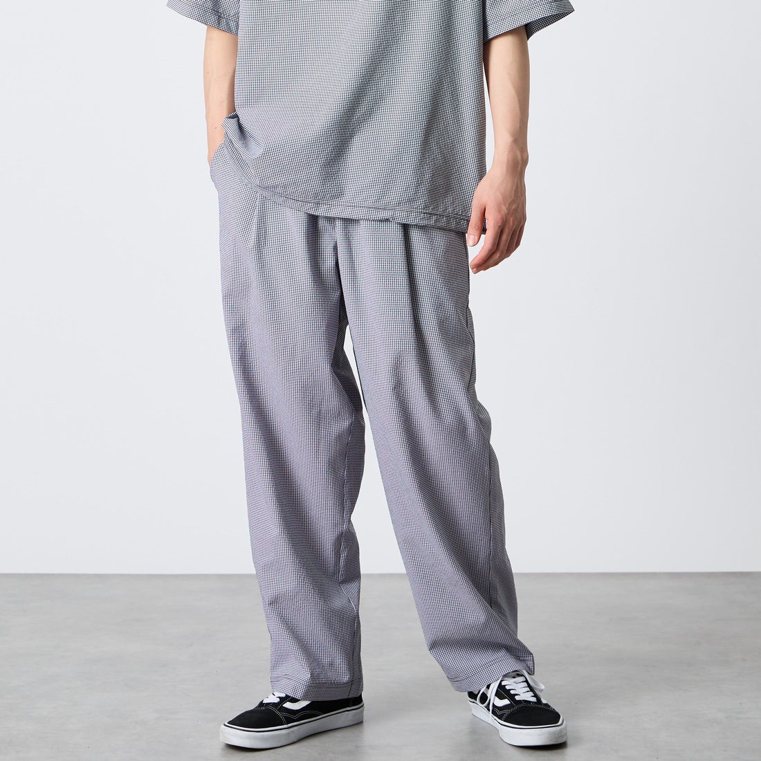 THOUSAND MILE [サウザンド マイル] 別注 チェックショートスリーブTシャツ パンツセットアップ [TM261CK50851-JF] 91 BLK CK &&モデル身長：177cm 着用サイズ：L&&