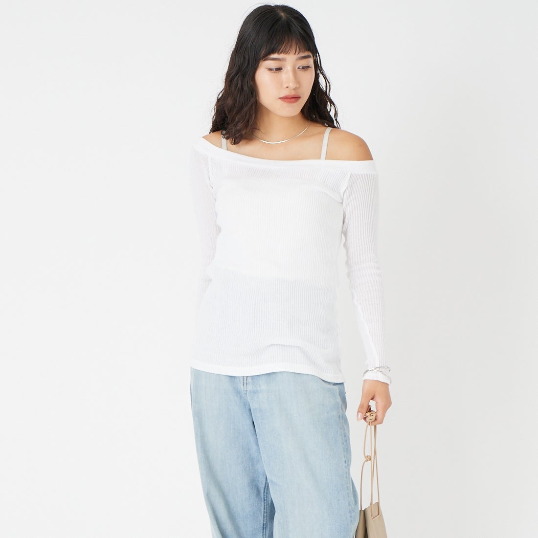 HOOP COOP [ホープコープ] ローゲージリブ ロングスリーブTシャツ [S26003] WHITE &&モデル身長：162cm 着用サイズ：ONE SIZE&&