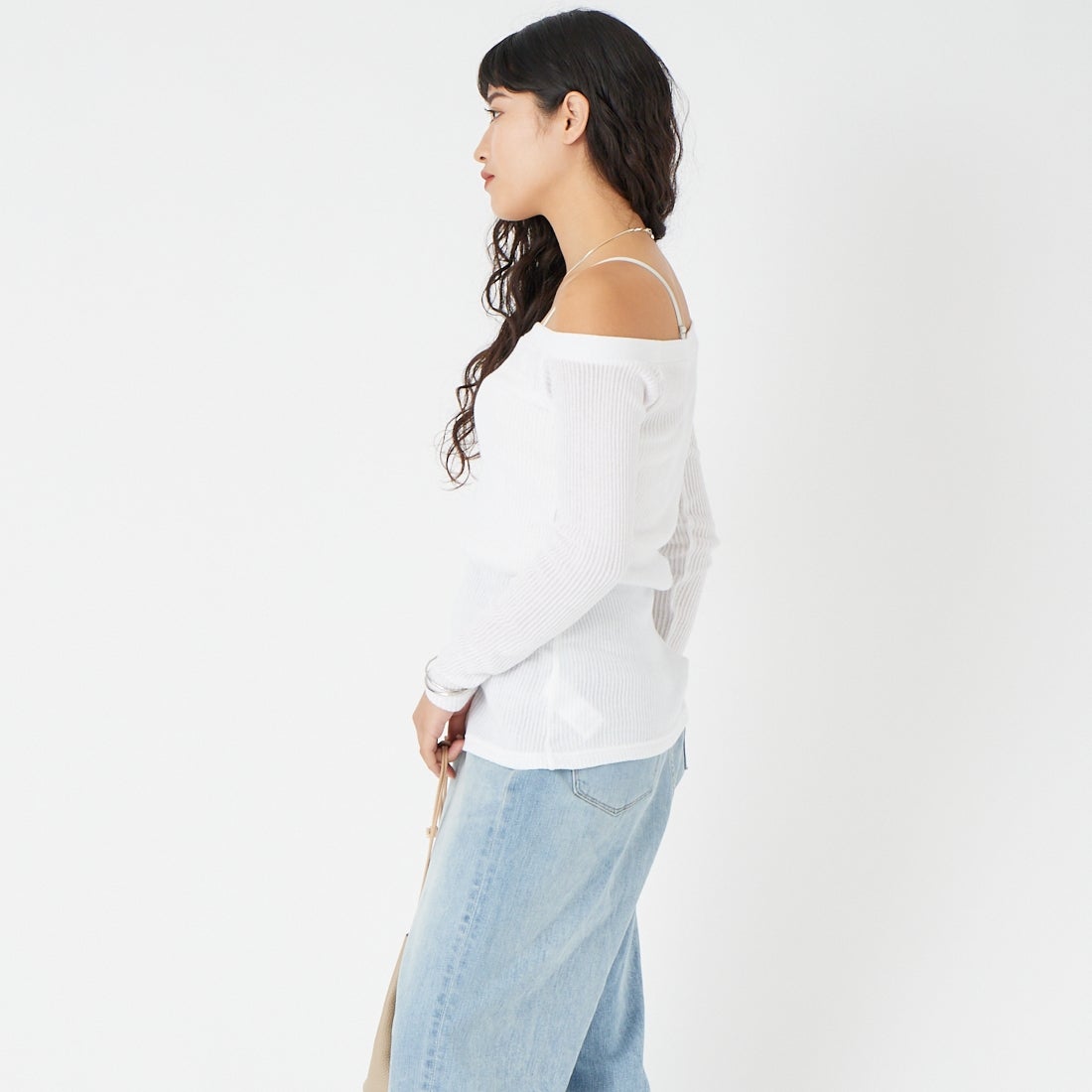 HOOP COOP [ホープコープ] ローゲージリブ ロングスリーブTシャツ [S26003] WHITE &&モデル身長：162cm 着用サイズ：ONE SIZE&&