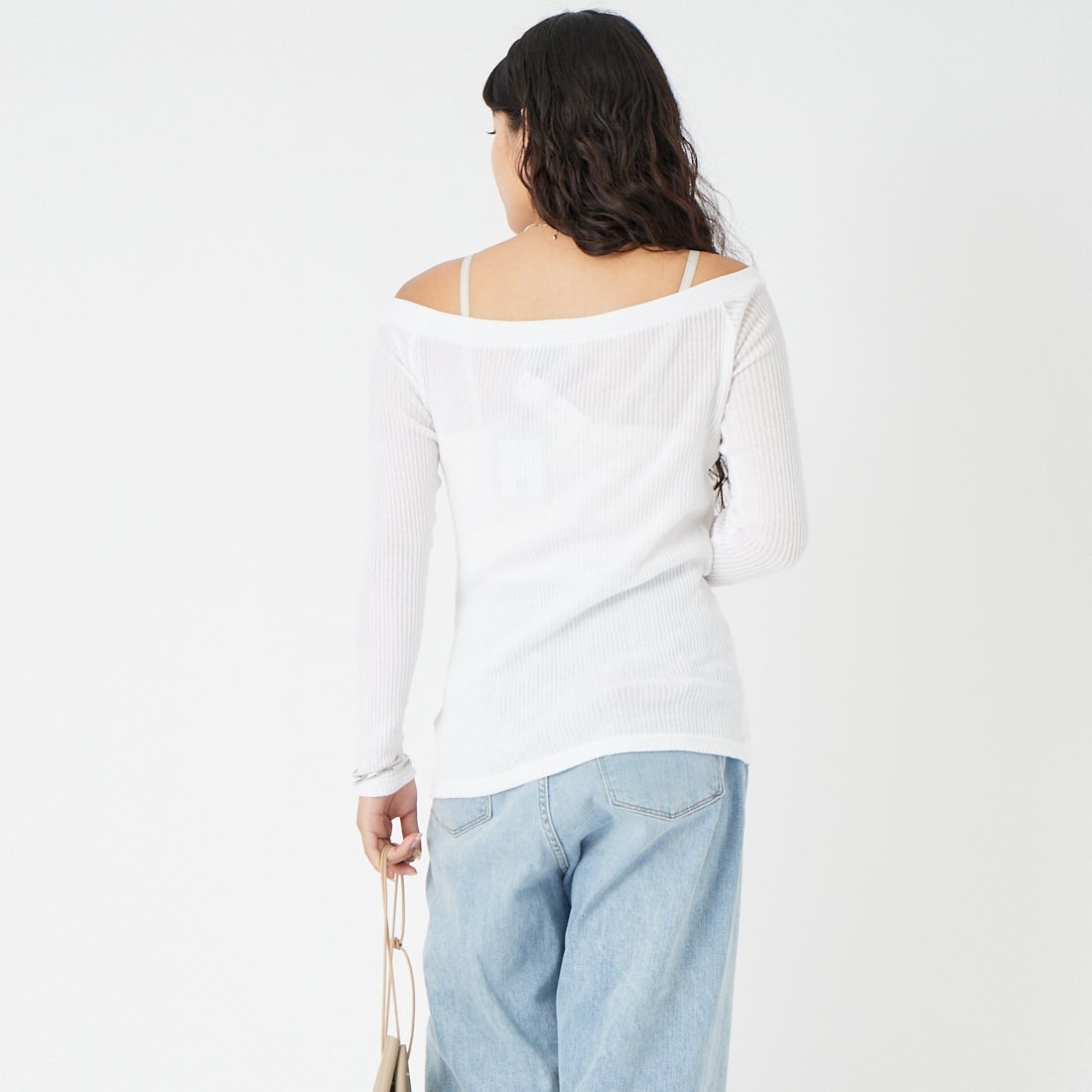 HOOP COOP [ホープコープ] ローゲージリブ ロングスリーブTシャツ [S26003] WHITE &&モデル身長：162cm 着用サイズ：ONE SIZE&&