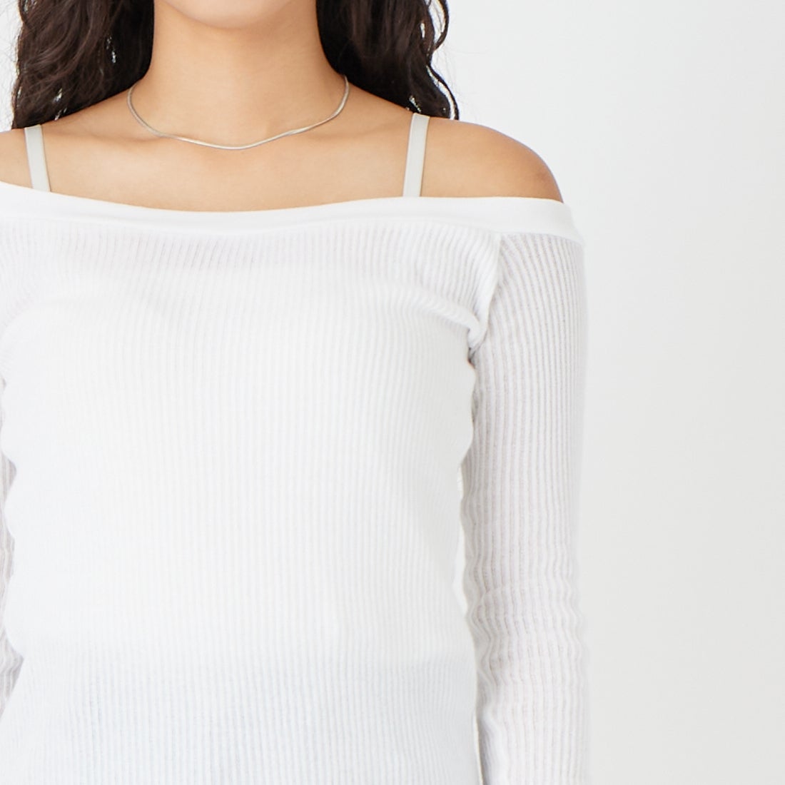 HOOP COOP [ホープコープ] ローゲージリブ ロングスリーブTシャツ [S26003] WHITE &&モデル身長：162cm 着用サイズ：ONE SIZE&&