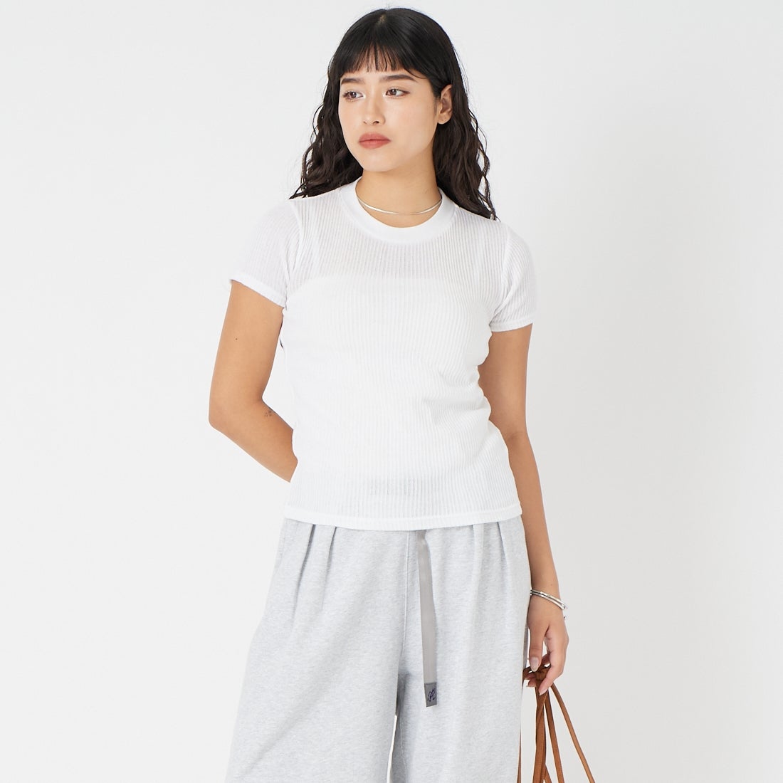HOOP COOP [ホープコープ] ローゲージリブ ショートスリーブTシャツ [S26002] WHITE &&モデル身長：162cm 着用サイズ：ONE SIZE&&
