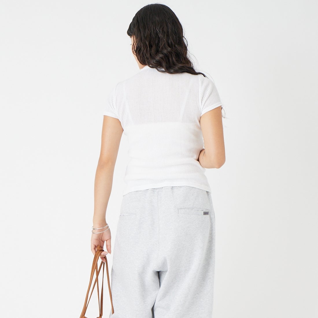 HOOP COOP [ホープコープ] ローゲージリブ ショートスリーブTシャツ [S26002] WHITE &&モデル身長：162cm 着用サイズ：ONE SIZE&&