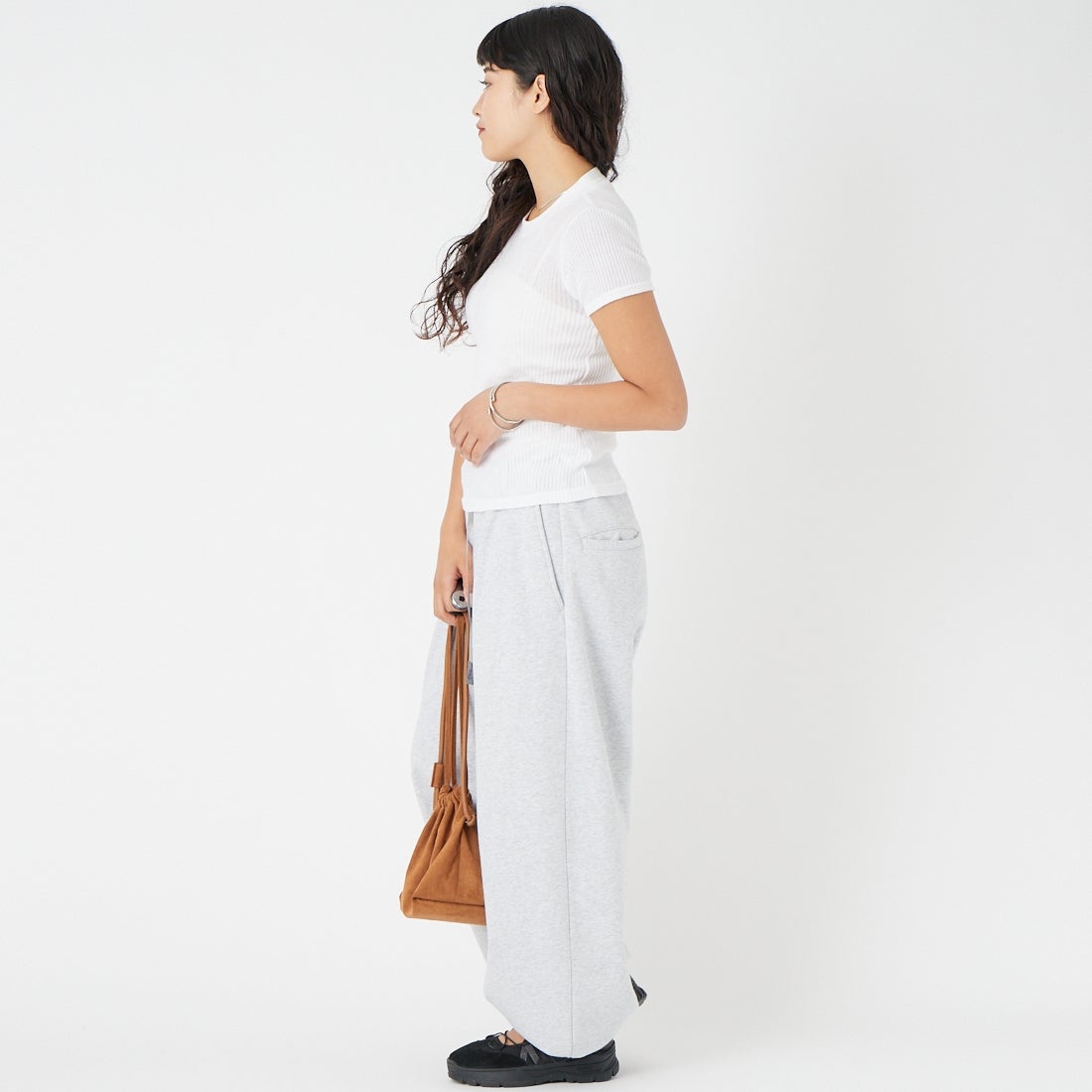 HOOP COOP [ホープコープ] ローゲージリブ ショートスリーブTシャツ [S26002] WHITE &&モデル身長：162cm 着用サイズ：ONE SIZE&&