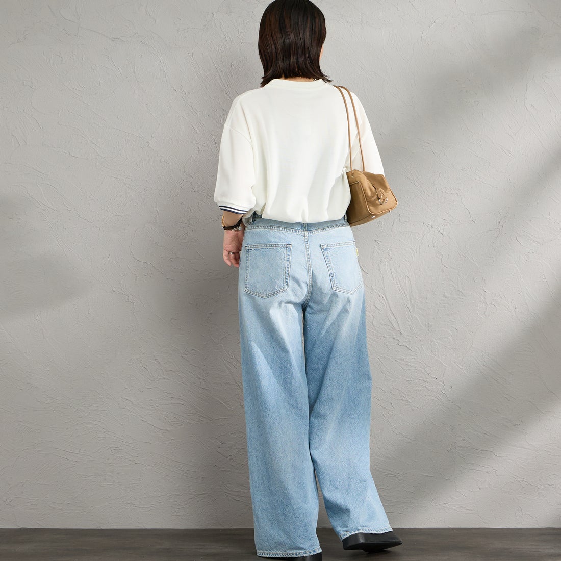FRED PERRY [フレッドペリー] 別注 ツインティップライン ワイドシルエット鹿の子Tシャツ [FPM-26S-021JF] SNOW WHITE &&モデル身長：160cm 着用サイズ：S&&